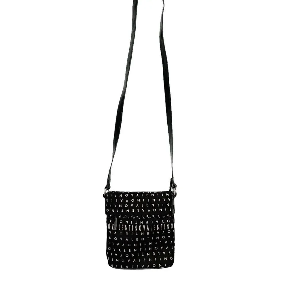 Mario Valentino Black Patent Leather and Canvas Sling Bag Italian Designer Tote
